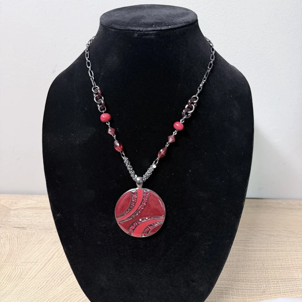 Red Statement Pendant Necklace Retro Glam Artistic Boho Runway Inspired Jewelry